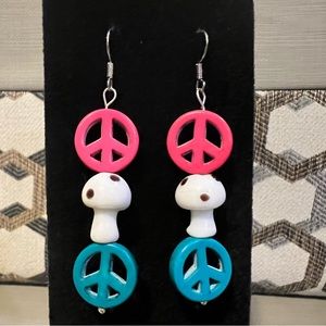 Handcrafted peace sign ☮️ and mushroom colorful dangle earrings